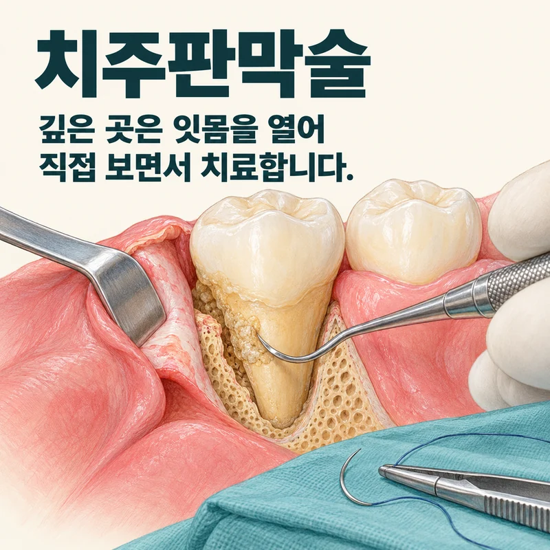 치주판막술 — 깊은 곳은 잇몸을 열어 직접 보면서 치료합니다