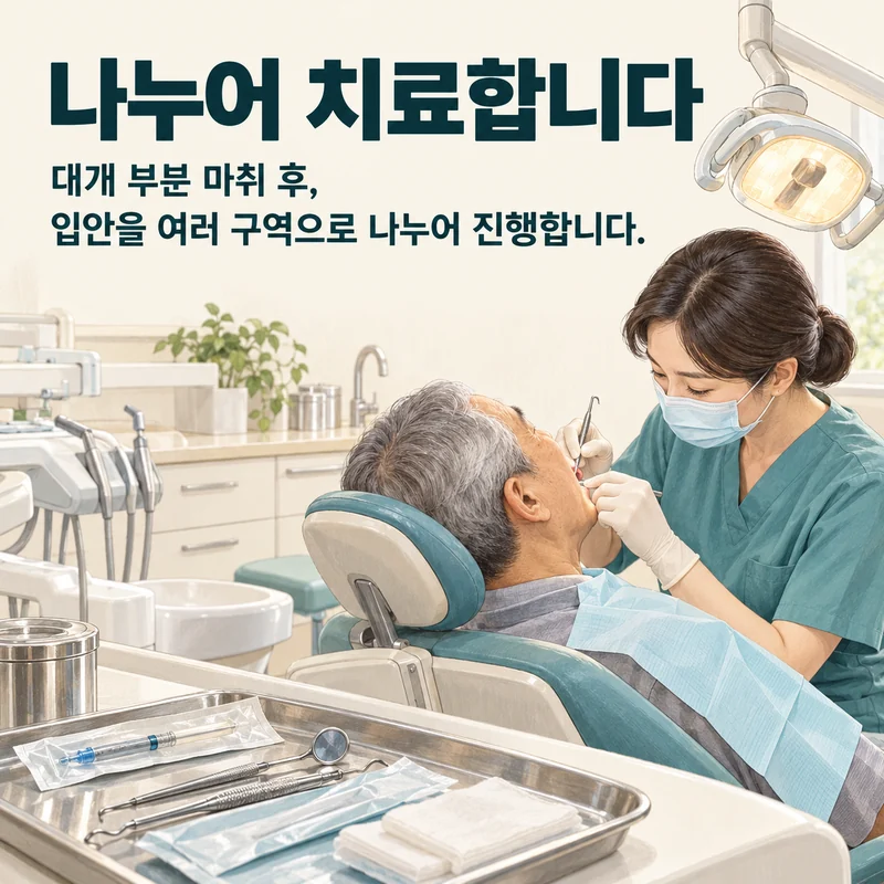 나누어 치료합니다 — 대개 부분 마취 후, 입안을 여러 구역으로 나누어 진행합니다