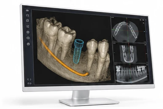 모니터에 띄운 3차원 CT. 아래턱 신경관과 계획한 임플란트 위치가 보인다.